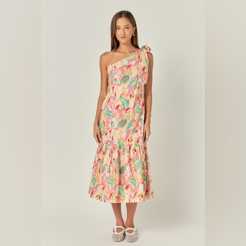 NWT - English Factory Cotton Printed Floral One Shoulder Midi Dress - Size S